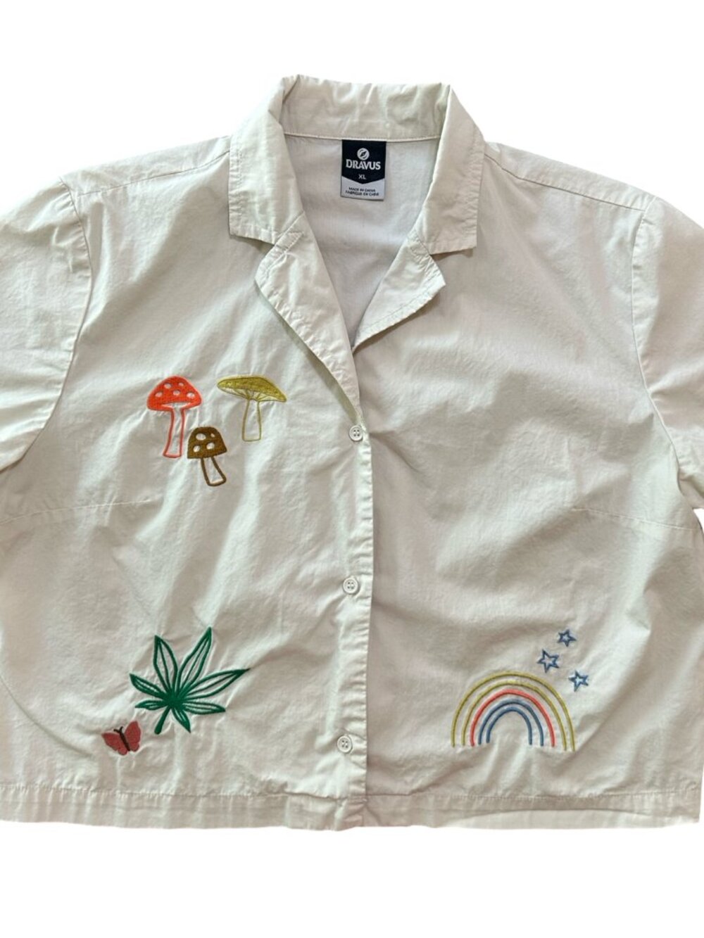 Dravus Embroidered Crop Button Down Shirt White Mushroom Rainbow Women's XL